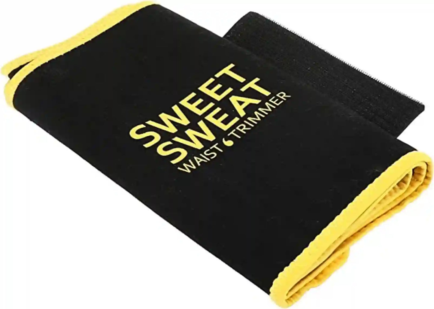 Black waist trainer with yellow trim and 'Sweet Sweat Waist Trimmer' text on a white background