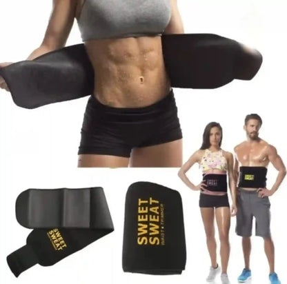 Black waist trainer with 'Sweet Sweat' branding, shown on a person and displayed separately.