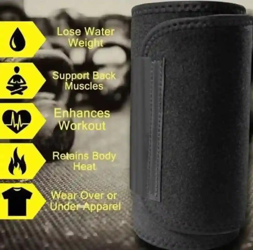Black compression wrap with text highlighting its benefits on a blurred background