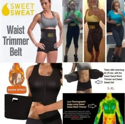 Collage of images featuring a waist trimmer belt with promotional text and before-and-after results.
