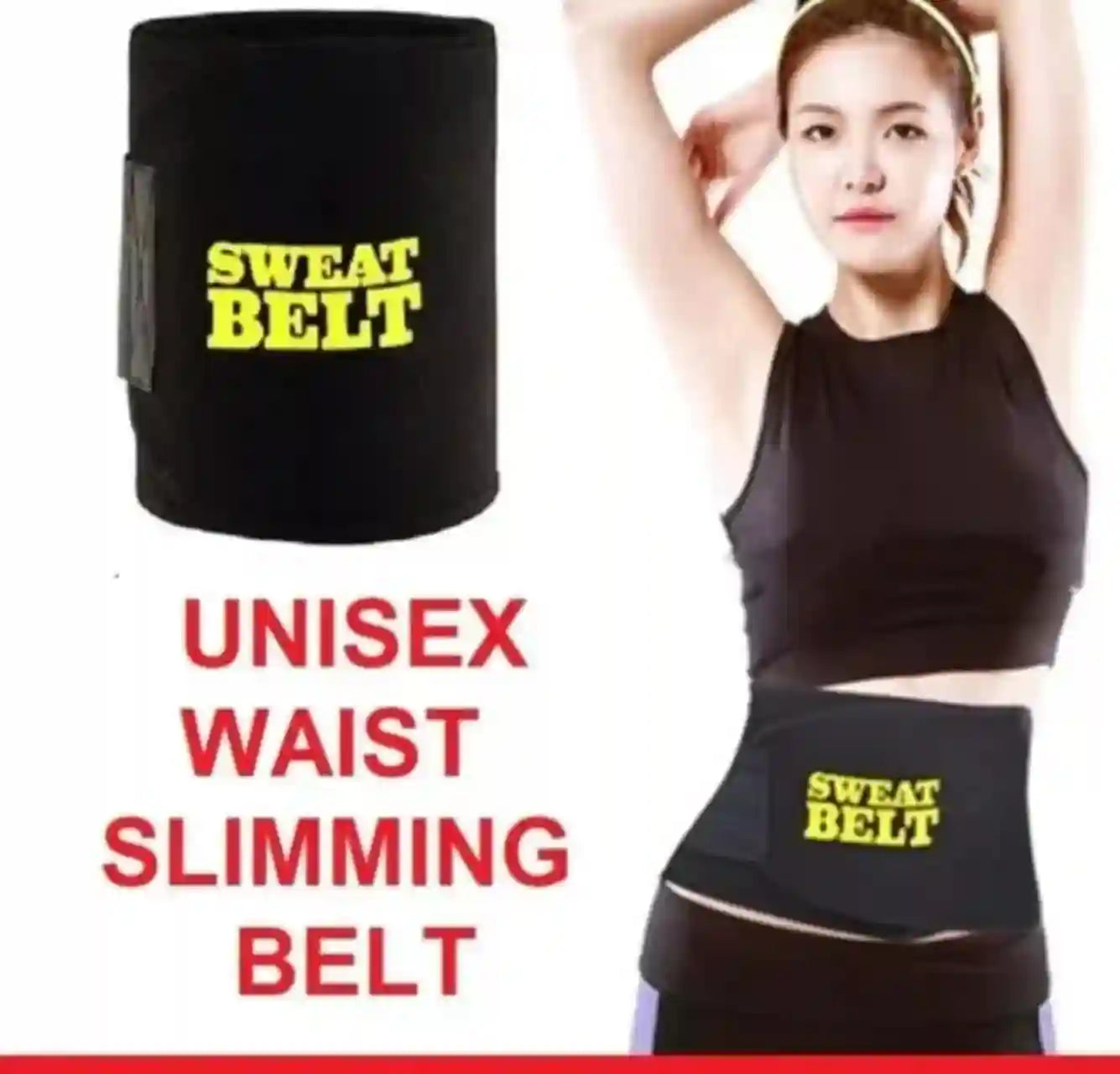 Black waist slimming belt with 'SWEAT BELT' text worn by a person, on a white background.