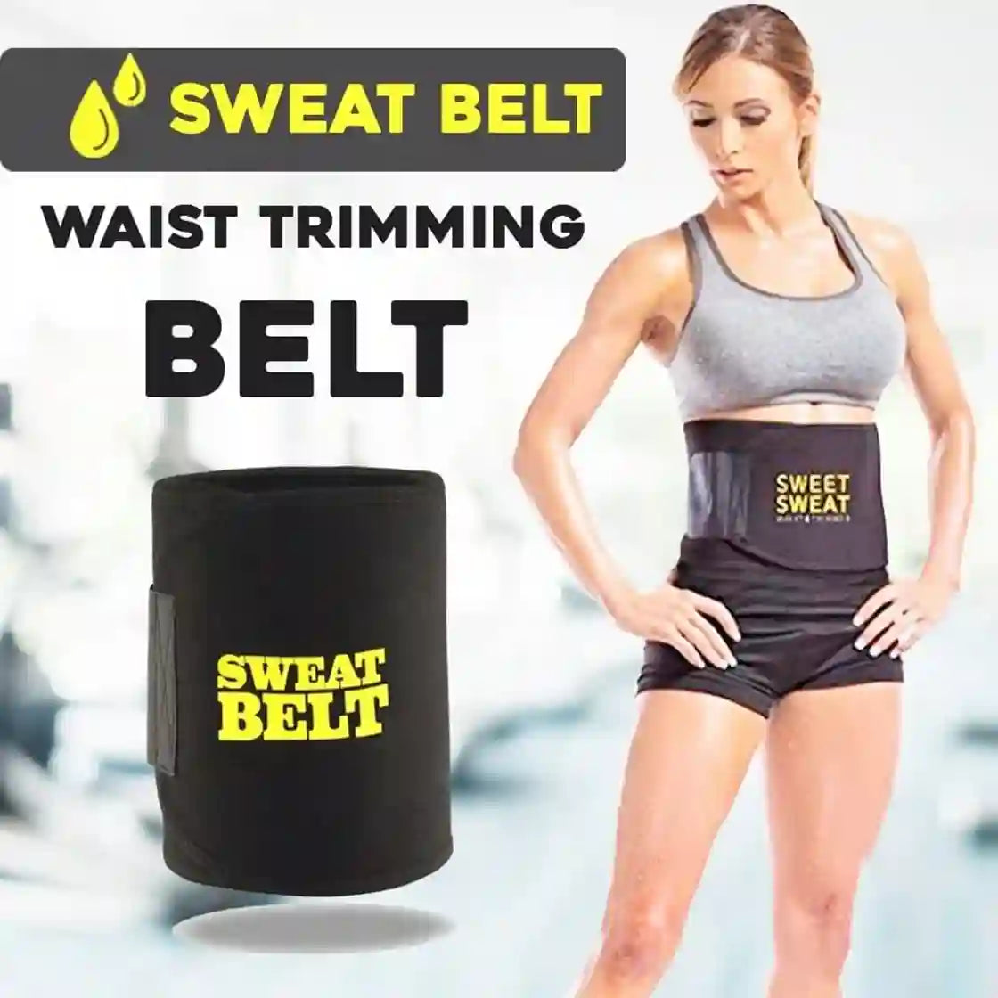 Woman wearing a waist trimming belt with 'Sweat Belt' branding on a light background