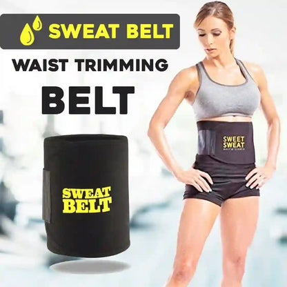 Woman wearing a waist trimming belt with 'Sweat Belt' branding on a light background