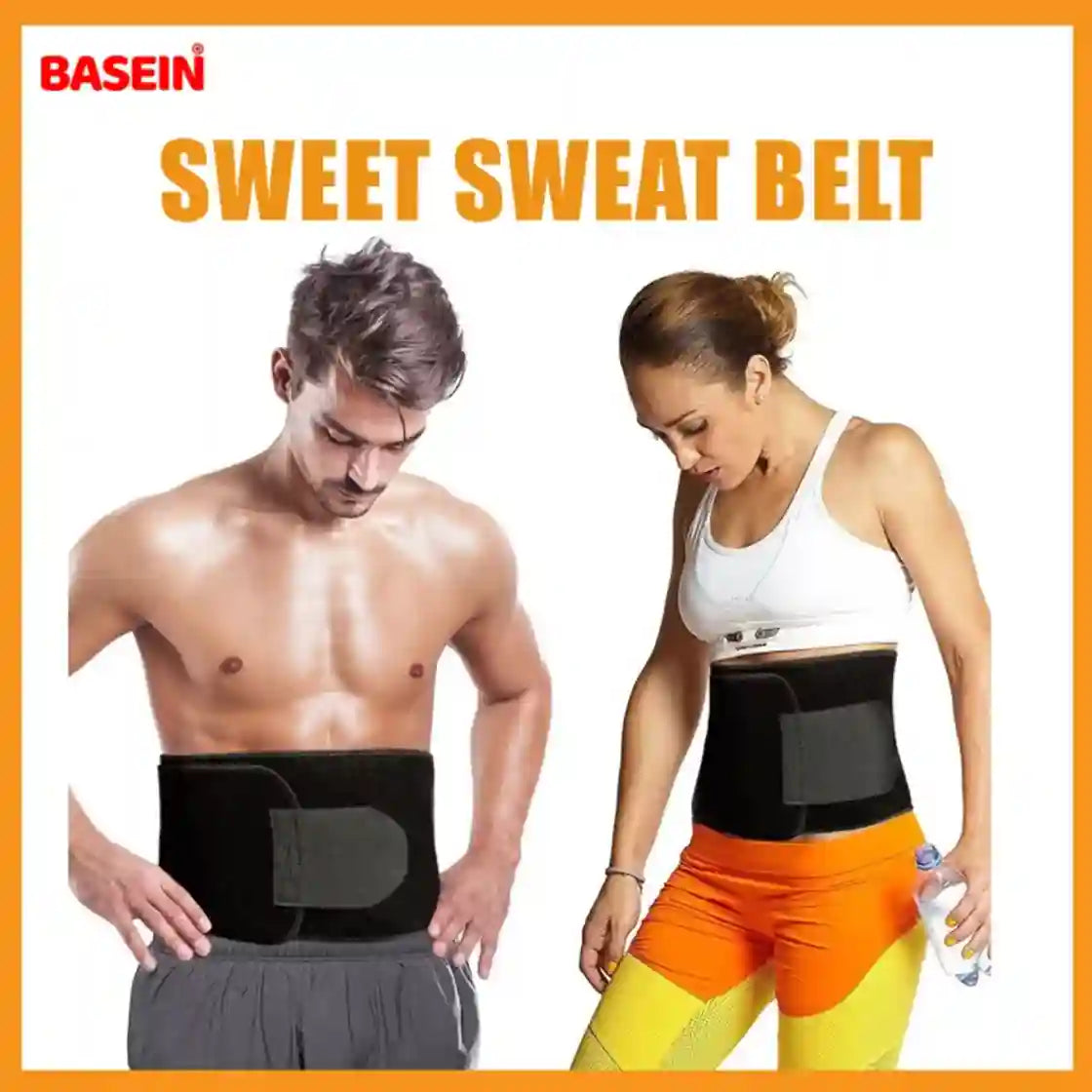 Two people wearing black waist belts with 'BASEIN Sweet Sweat Belt' text on an orange border.
