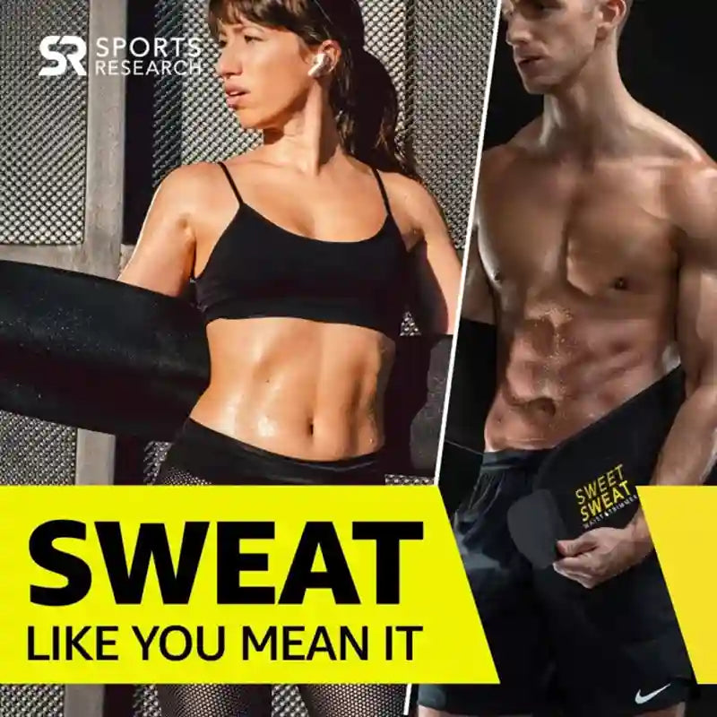 Two people wearing black sweatbands with 'Sweet Sweat' branding, promotional text 'SWEAT LIKE YOU MEAN IT', and 'Sports Research' logo.