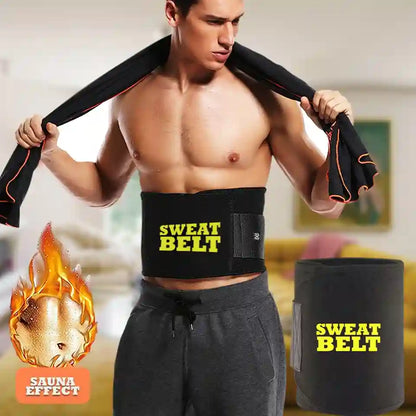 Man wearing a black 'Sweat Belt' with a sauna effect, surrounded by promotional graphics.