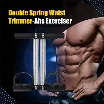 Double Spring Waist Trimmer-Abs Exerciser with a muscular person in the background
