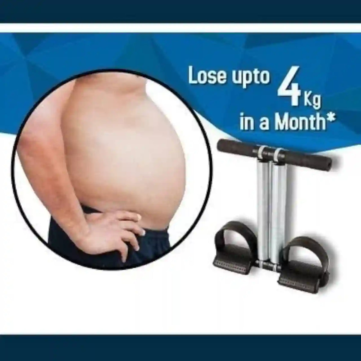 A manual abdominal exercise pump with a T-bar handle and foot straps, shown alongside a circular inset photo of a person's stomach and promotional text reading 'Lose upto 4 Kg in a Month'.