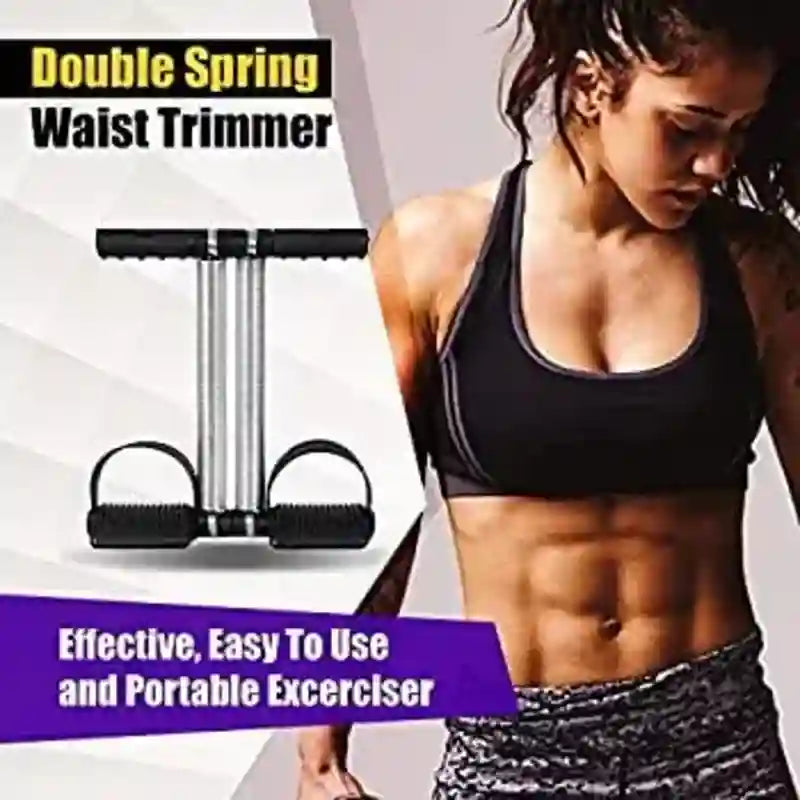 A double spring waist trimmer exercise device shown alongside a woman in a black sports bra and patterned shorts, with promotional text reading 'Double Spring Waist Trimmer' and 'Effective, Easy To Use and Portable Exerciser'.
