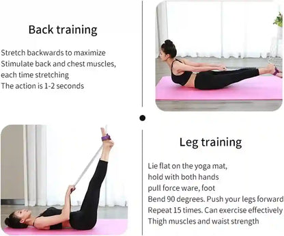 A two-panel instructional graphic showing yoga exercise instructions for back and leg training. The top-right panel shows a woman in a black sports bra and leggings stretching backward on a pink yoga mat under the heading 'Back training.