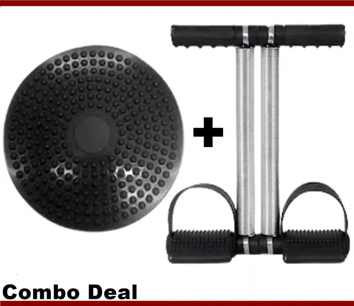 Black massage ball and resistance band set with a plus sign on a white background.