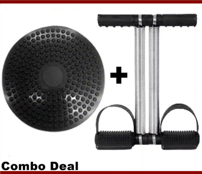Black massage ball and resistance band set with a plus sign on a white background.