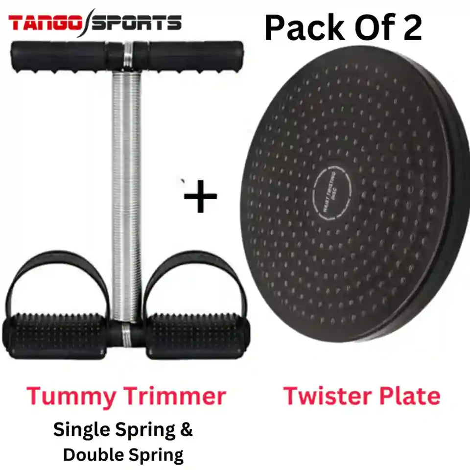 Tango Sports abdominal exercise set including a tummy trimmer with single spring and double spring handles, and a black round twister plate, labeled as a pack of 2 on a white background.