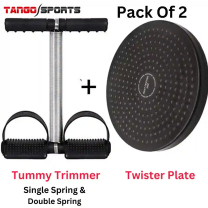 Tango Sports abdominal exercise set including a tummy trimmer with single spring and double spring handles, and a black round twister plate, labeled as a pack of 2 on a white background.