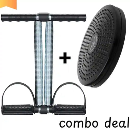 Abdominal exercise combo deal featuring a T-bar abdominal trainer with foot grips and a black weight plate shown on a white background with a plus sign and 'combo deal' text.