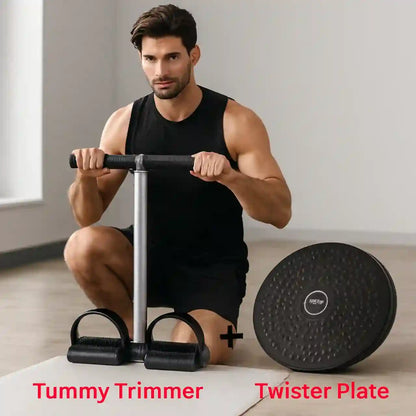 Man using a tummy trimmer and twister plate in a home setting