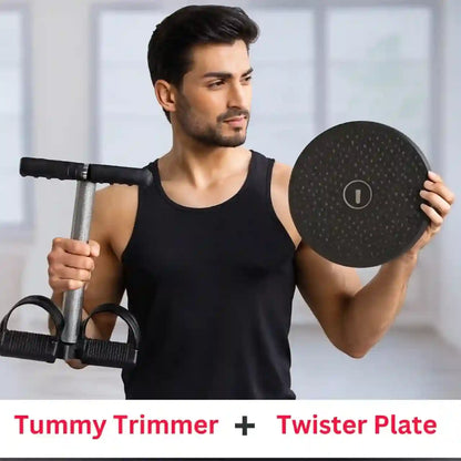 A man in a black tank top holds a black tummy trimmer bar and a black twisted exercise plate against a bright, blurred indoor background. Text at the bottom reads 'Tummy Trimmer + Twister Plate'.