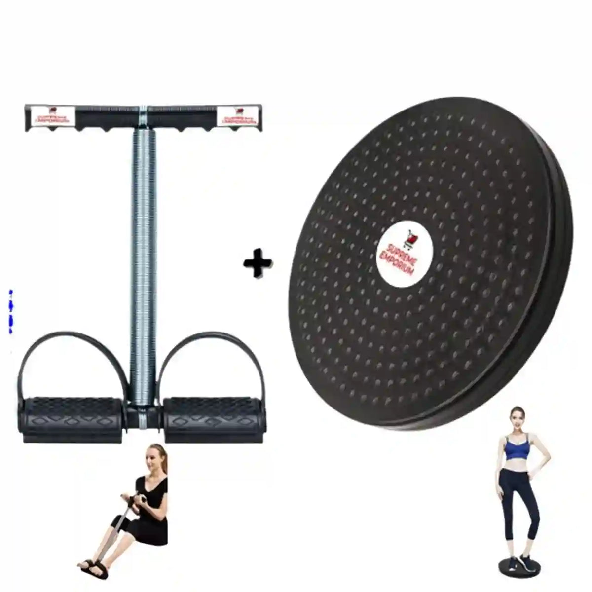 Fitness equipment set with resistance band and exercise disc on a white background