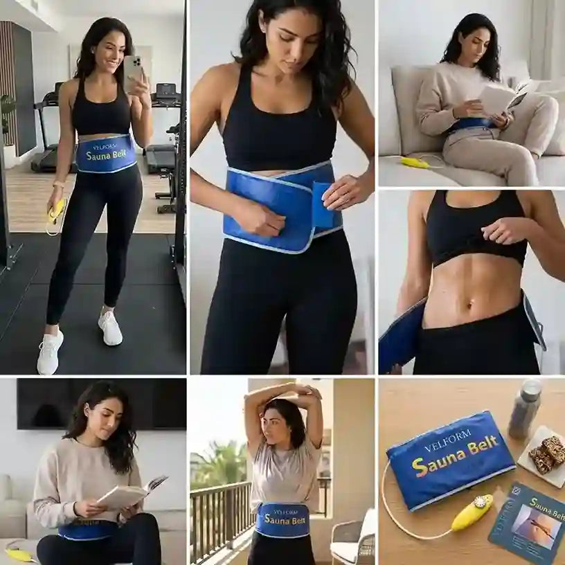 A six-panel collage showing a woman wearing and using a blue sauna belt around her waist in different indoor settings, plus a close-up panel of the product packaging and accessories on a table.