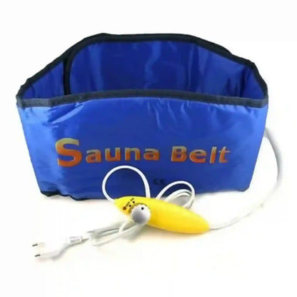 A blue fabric sauna belt bag with black trim and the words 'Sauna Belt' printed in orange, shown with a yellow power controller and white cord on a white background.
