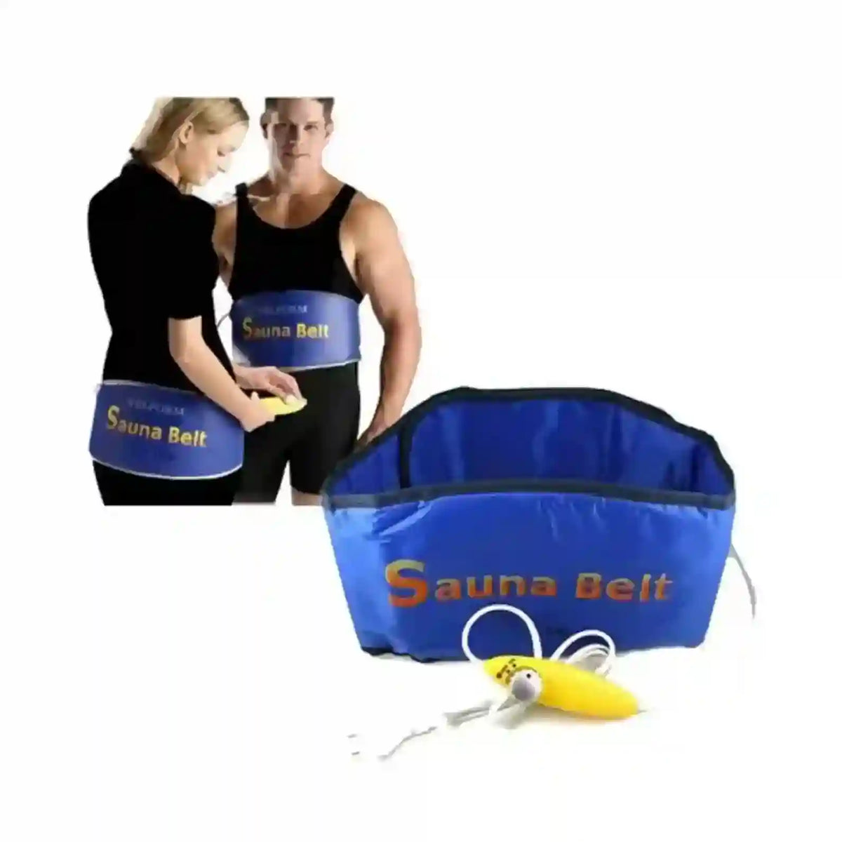 A blue sauna belt bag with a yellow and white pump bulb, shown alongside two models wearing the belt around their waists on a plain white background.