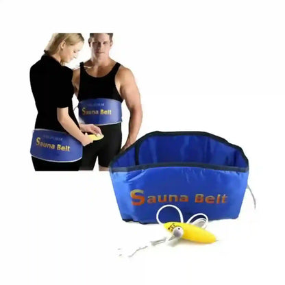 A blue sauna belt bag with a yellow and white pump bulb, shown alongside two models wearing the belt around their waists on a plain white background.