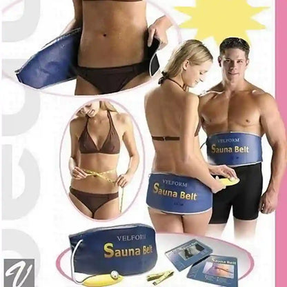 Advertisement for sauna belts with people wearing them and a sauna belt product on a white background.