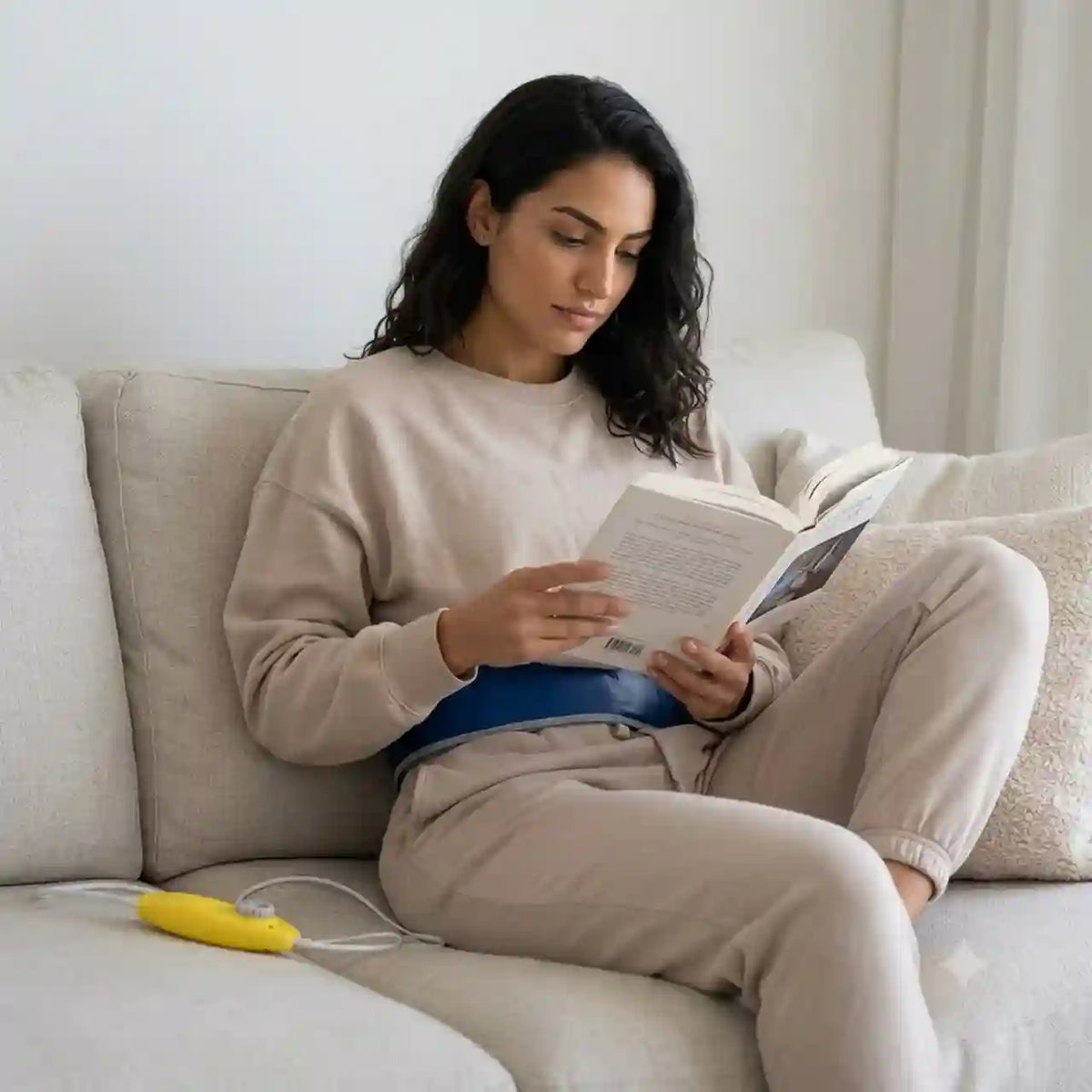 A woman sits on a light beige sofa reading a book, wearing a beige sweatshirt and matching sweatpants with a blue waist wrap around her midsection. A yellow handheld electronic device with white wires rests on the sofa beside her.
