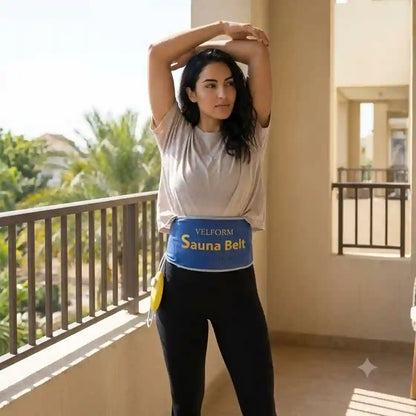 A woman wearing a blue Velform Sauna Belt with yellow lettering, styled with a white t-shirt and black leggings, posing on an outdoor balcony.
