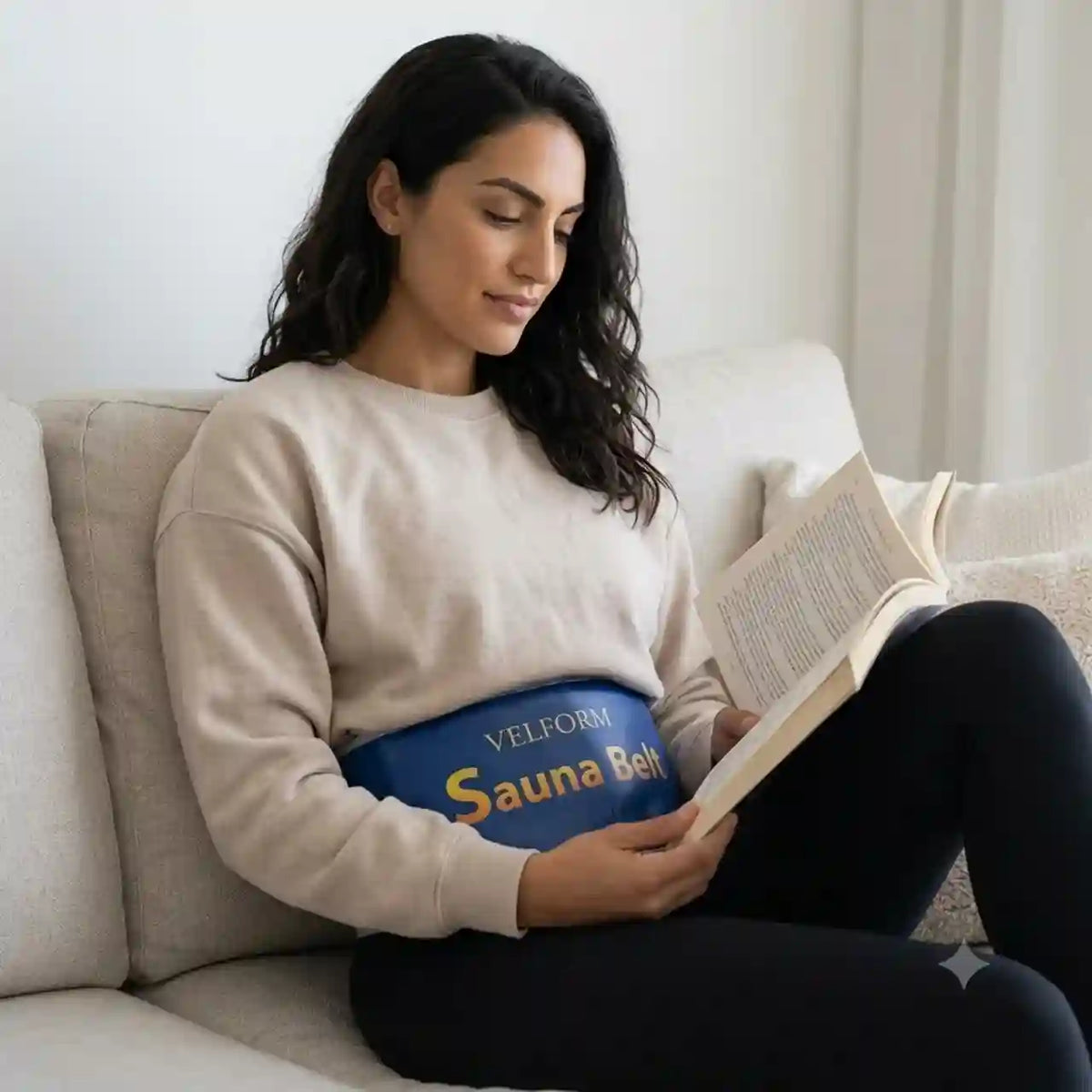 A woman sits on a light beige sofa reading a book, wearing a blue Velform Sauna Belt around her waist. She is wearing a beige sweatshirt and black leggings in a bright, minimalist room.