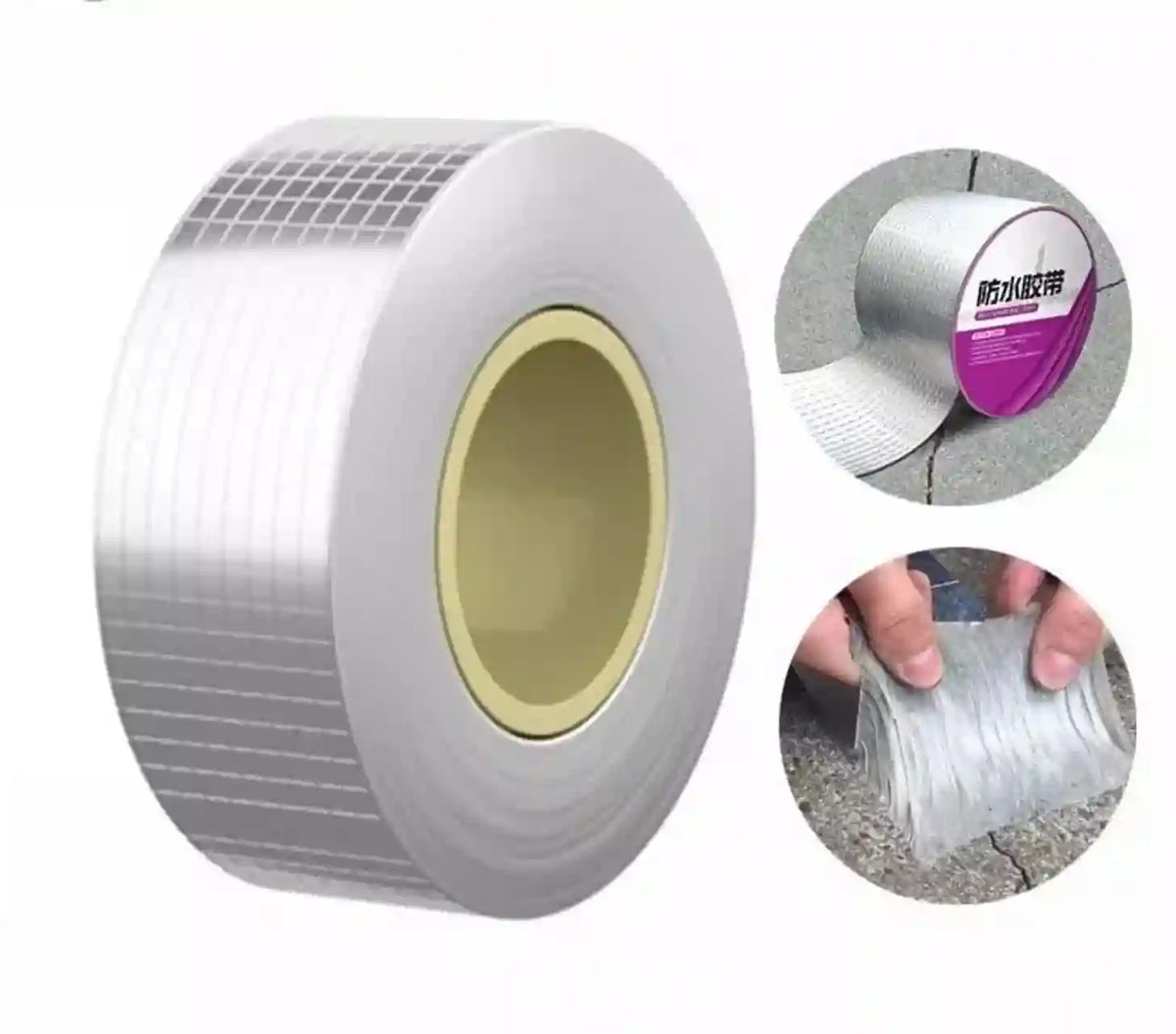 Roll of silver tape with a close-up inset showing its texture and a hand holding it.