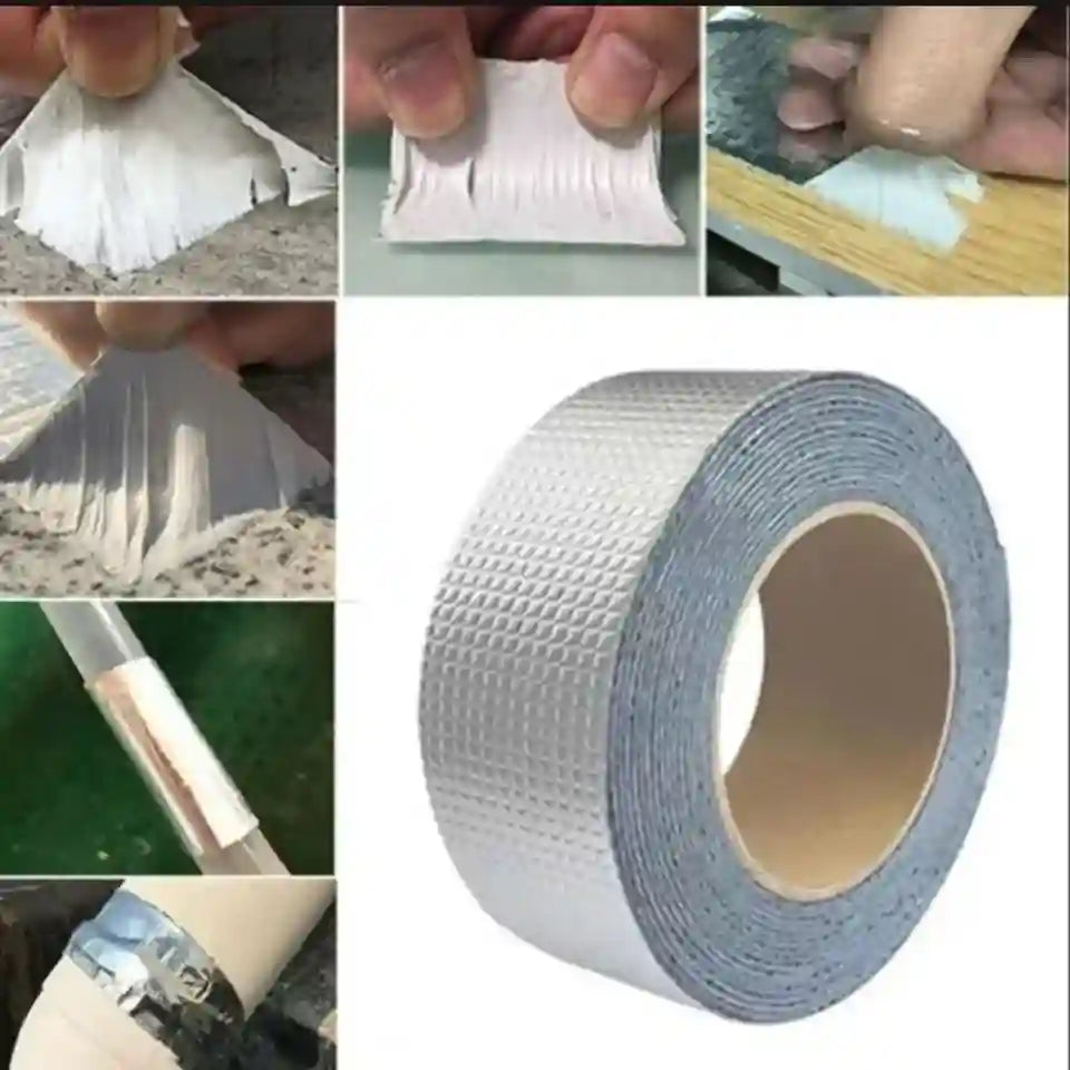 Collage of a roll of silver tape with application examples on various surfaces.