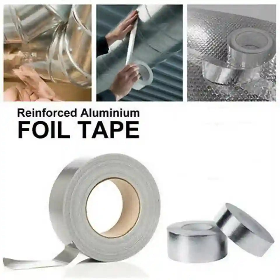 Reinforced aluminium foil tape with various uses shown in a collage.