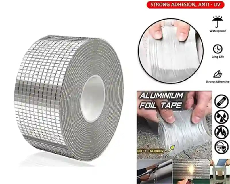 A roll of silver aluminium foil tape shown on a white background, with feature callouts and small inset photos demonstrating strong adhesion, anti-UV protection, waterproofing, and durability.