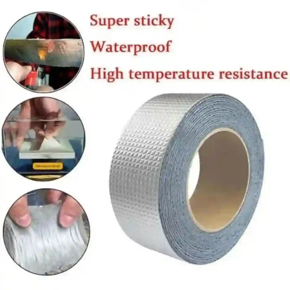 A roll of silver adhesive tape shown on a white background with red text reading 'Super sticky Waterproof High temperature resistance' and three circular inset photos demonstrating its use and properties.