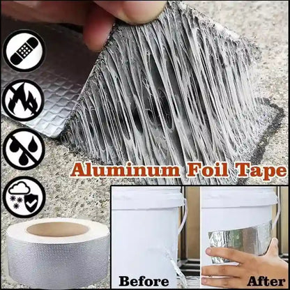 Aluminum foil tape roll shown with a close-up of a hand peeling back the reflective tape, plus feature icons and before/after bucket examples. Text reads 'Aluminum Foil Tape'.