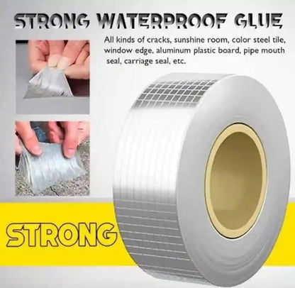 Roll of strong waterproof glue with text highlighting its uses and brand name.