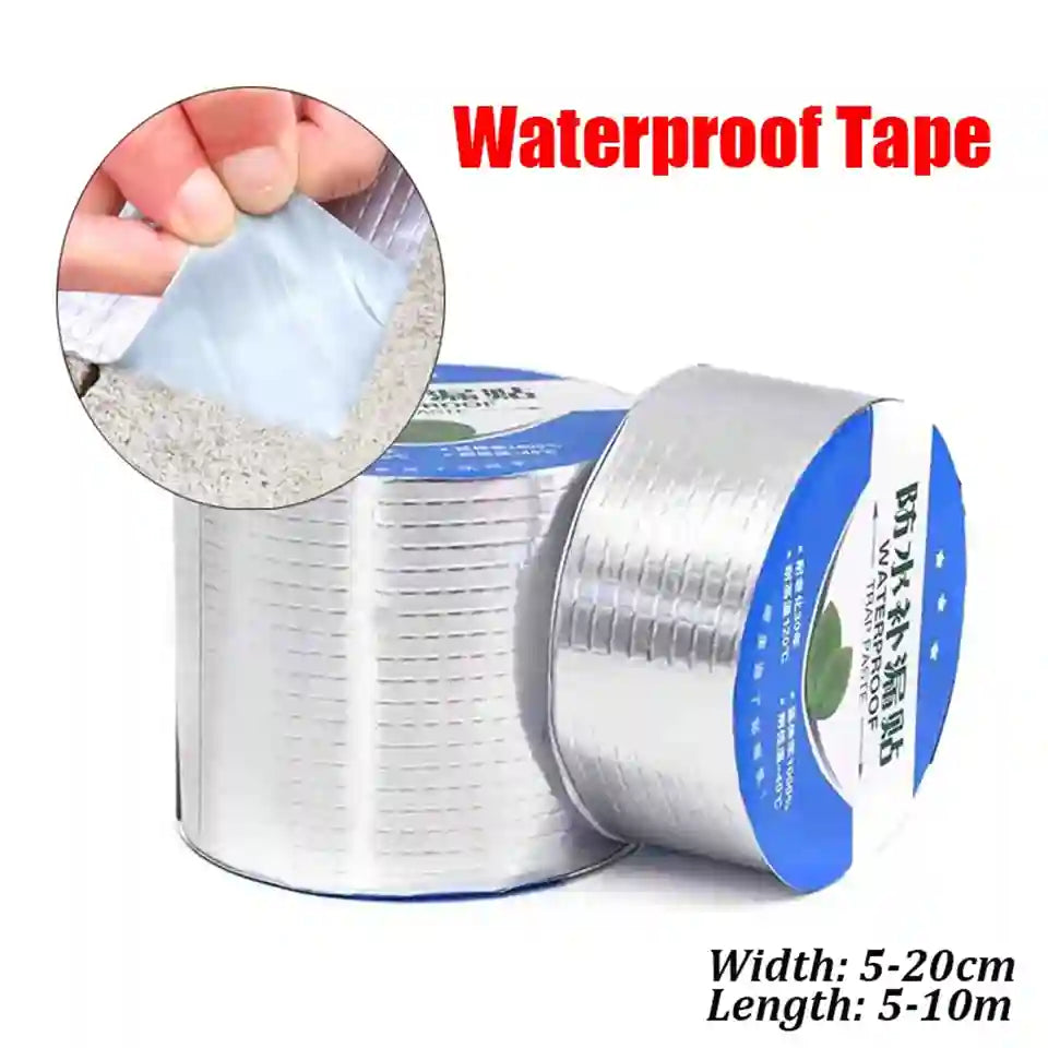 Two rolls of silver waterproof tape on a white background, with a circular inset showing a hand peeling back the tape to demonstrate its waterproof quality. Red text at the top reads 'Waterproof Tape', and black text at the bottom right lists dimensions: 'Width: 5-20cm, Length: 5-10m'.