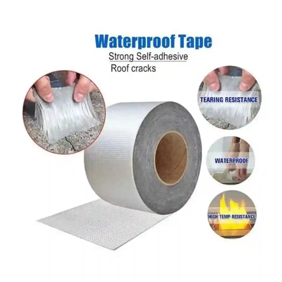 A roll of silver waterproof tape with a textured adhesive surface, shown on a white background with text and circular inset images demonstrating tear resistance, waterproof use, and high temperature resistance.
