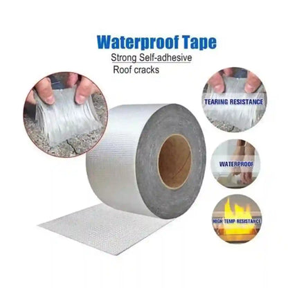 A roll of silver waterproof tape with a textured adhesive surface, shown on a white background with text and circular inset images demonstrating tear resistance, waterproof use, and high temperature resistance.