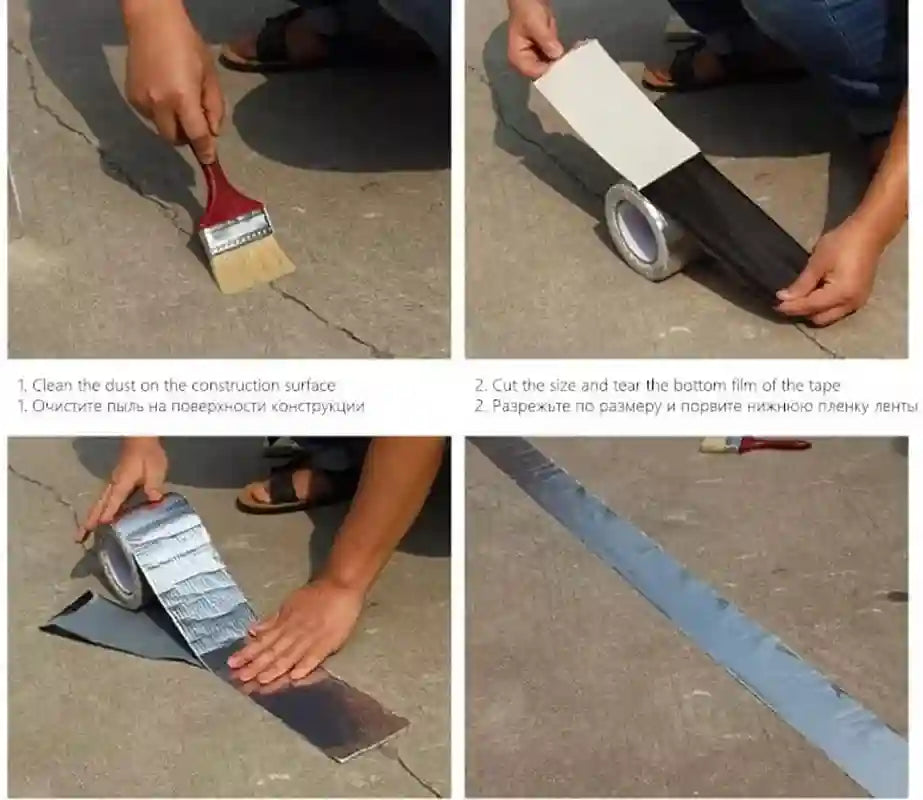 A four-panel instructional collage showing how to apply silver adhesive tape to a cracked concrete surface. Step 1 shows a hand using a brush to clean dust from the surface, step 2 shows a hand cutting and tearing the bottom film of a black tape roll, step 3 shows a hand placing a piece of silver tape onto the concrete, and step 4 shows a long strip of applied silver tape on the ground.