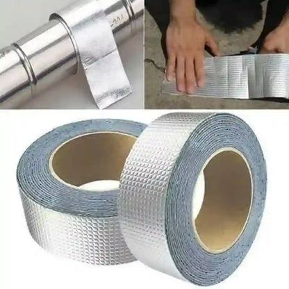 Metallic tape with different applications including on a pipe, being applied to a surface, and in a roll.