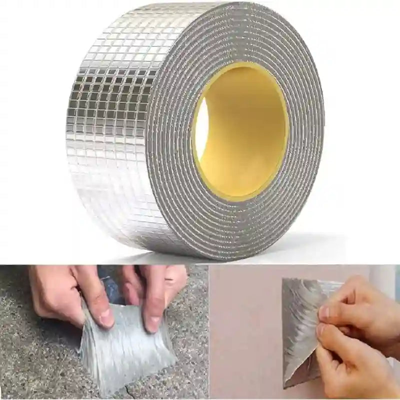 Roll of silver mesh tape with application examples on a white background