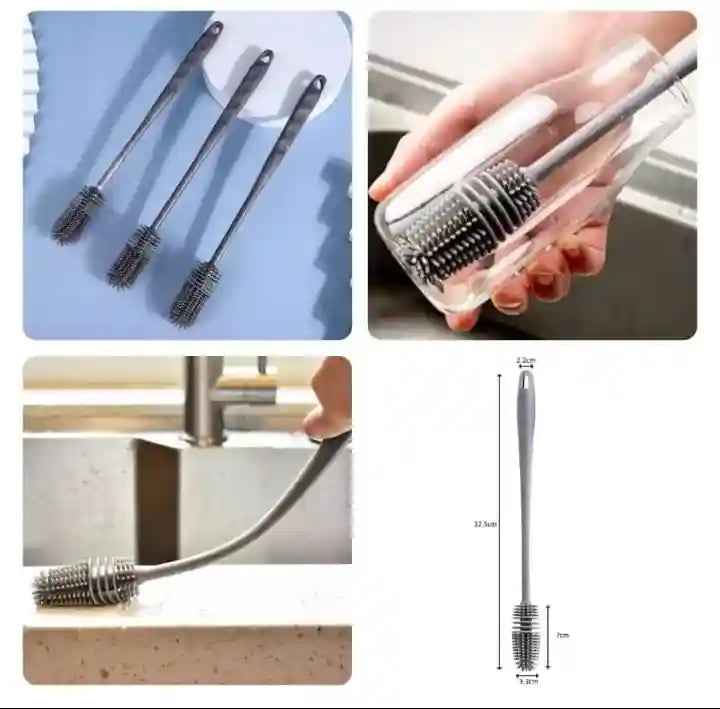 Collage of a cleaning brush with different uses including on a sink, against a notebook, and with a cable.
