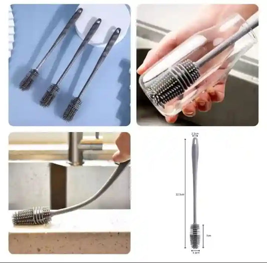 Collage of a cleaning brush with different uses including on a sink, against a notebook, and with a cable.