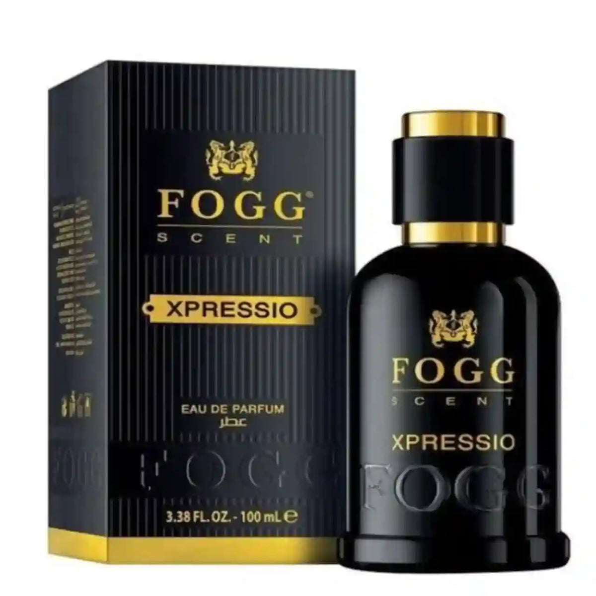 Fogg Scent Xpressio Eau de Parfum bottle and its black packaging box, both featuring gold lettering and a gold cap, set against a plain white background.