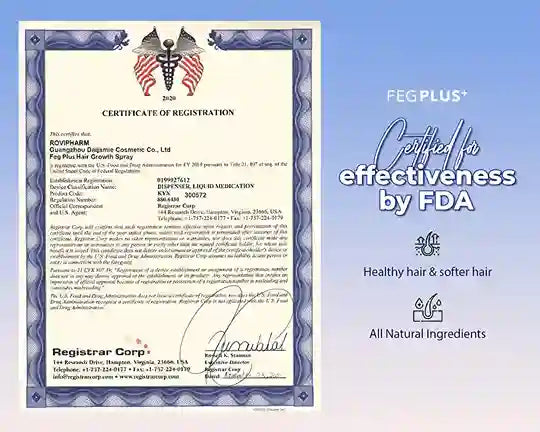 Certificate of Registration for a hair care product with FDA certification on a blue background