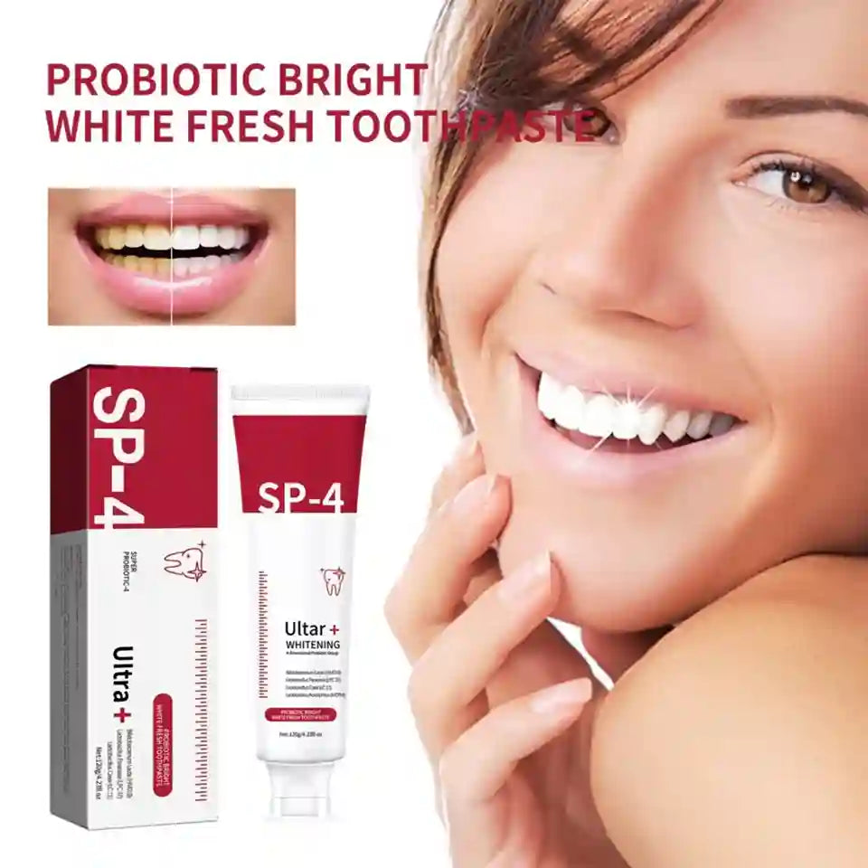 SP-4 toothpaste packaging with a woman showing off her white teeth.