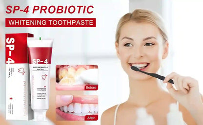SP-4 Probiotic Whitening Toothpaste packaging with a woman brushing her teeth.