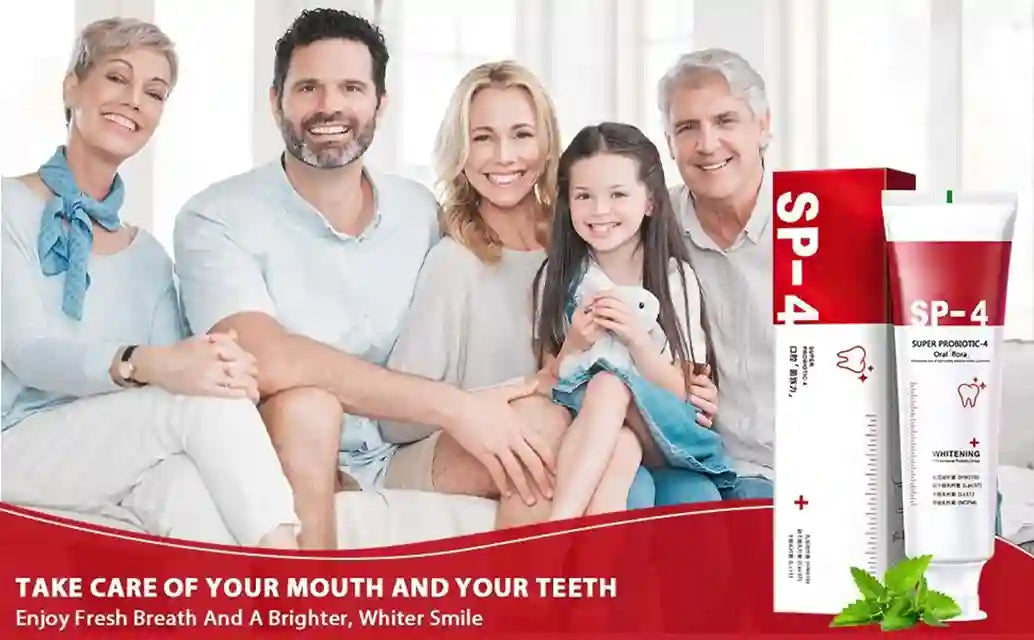 Family sitting together with SP-4 toothpaste packaging displayed.